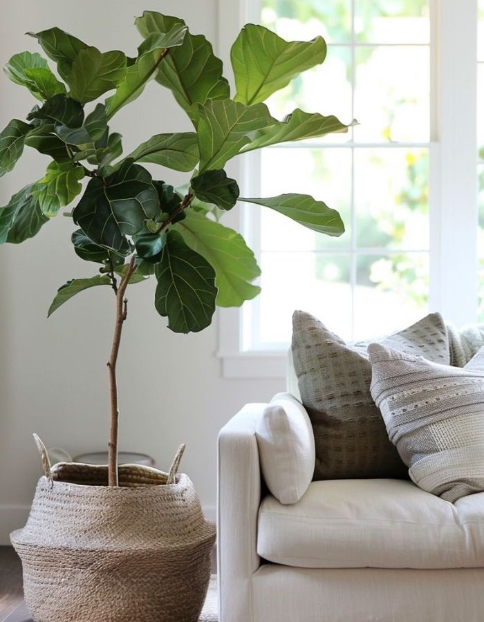 Fig / Fiddle leaf tree in a large, natural basket.