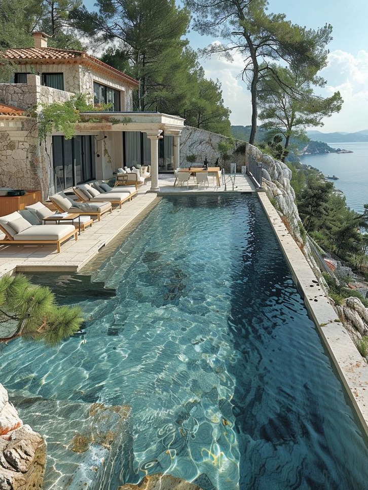 A stunning coastal villa featuring a luxurious infinity pool that seamlessly blends into the surrounding landscape. The pool's crystal-clear water reflects the sky and nearby trees, creating a serene atmosphere. Comfortable lounge chairs line the poolside, inviting relaxation and enjoyment of the breathtaking sea views. The villa, constructed with natural stone and accented by wooden details, sits elegantly on a rocky outcrop, framed by lush greenery and overlooking the tranquil ocean. This idyllic setting epitomises luxury coastal living.