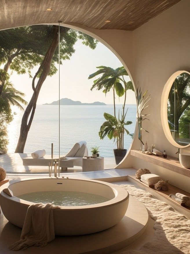 A luxurious bathroom features a round, freestanding bathtub positioned to capture expansive ocean views through a large, curved window. The space is enhanced by a sleek, modern design, incorporating a minimalist aesthetic with subtle lighting and natural elements, including a fiddle-leaf fig, Pachira aquatica, and Cocos nucifera, adding a touch of greenery to the serene setting.