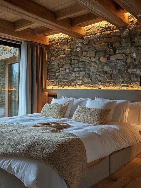 A cozy rustic bedroom featuring a plush bed adorned with crisp white linens and textured throw pillows in soft, neutral tones. The room is highlighted by a stunning accent wall made of natural stone, complemented by warm, ambient lighting that enhances the earthy atmosphere. Exposed wooden beams and a stylishly woven blanket add to the charm, while large glass doors allow natural light to fill the space and provide a glimpse of the outdoor scenery. This inviting retreat perfectly balances comfort and natural elegance, creating an ideal sanctuary for relaxation.