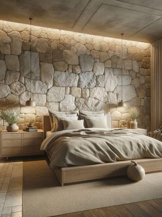 A stylish modern bedroom featuring a comfortable bed dressed in soft, neutral linens and a cozy throw. The room is accentuated by a striking stone wall that adds texture and warmth, illuminated by subtle overhead lighting. Elegant bedside lamps and minimalist nightstands complement the natural aesthetic, while a soothing color palette creates a serene atmosphere. The space is designed to evoke a sense of tranquility and sophistication, making it a perfect retreat for relaxation and rejuvenation.