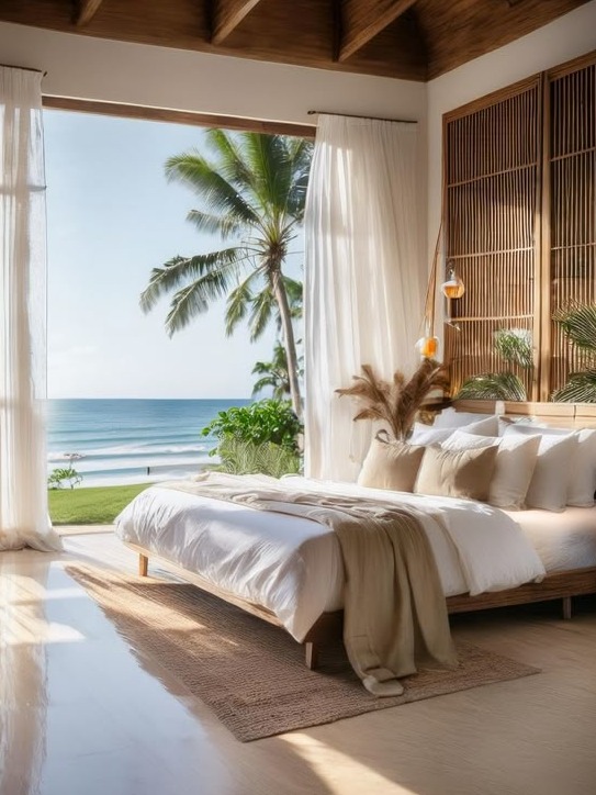 A serene beachside bedroom featuring a comfortable bed dressed in crisp white linens and soft, neutral-toned pillows. The room is beautifully illuminated by natural light streaming through large glass doors that open to a stunning ocean view, framed by sheer white curtains. The wooden accent wall adds warmth and texture, while decorative elements like a stylish pendant light and potted plants enhance the inviting atmosphere. This tranquil space perfectly blends indoor comfort with the beauty of the outdoors, creating an ideal retreat for relaxation.