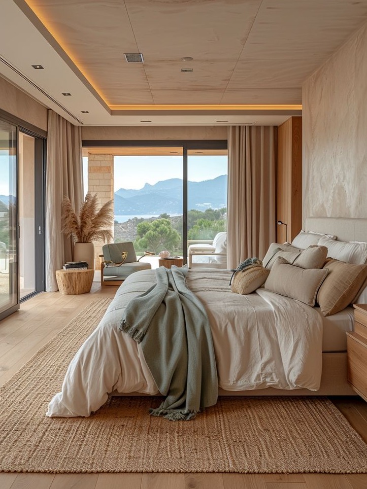 A modern and inviting bedroom featuring a plush bed dressed in crisp white linens, accented with a soft throw and decorative pillows in warm tones. The room is illuminated by subtle recessed lighting and natural light streaming through large glass doors that offer a breathtaking view of the mountains. A stylish woven rug adds texture to the wooden floor, while chic furniture pieces, including a comfortable chair and decorative plant, enhance the sophisticated decor. This tranquil space combines contemporary design with natural beauty, creating a perfect retreat for relaxation and rejuvenation.