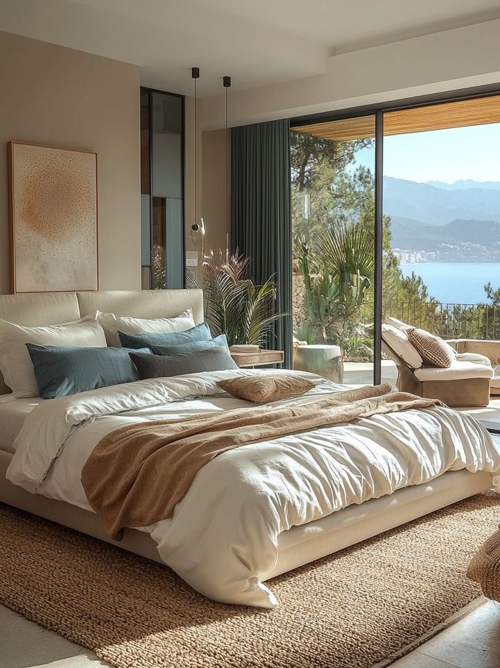 A beautifully designed bedroom that combines comfort and elegance, featuring a plush bed adorned with crisp white linens and an array of decorative pillows in soft blues and neutrals. Natural light floods the space through large glass doors, offering a stunning view of the mountains and ocean beyond. A stylish woven rug adds warmth to the wooden floor, while tasteful artwork and greenery enhance the inviting atmosphere. This serene retreat perfectly blends modern aesthetics with a tranquil outdoor setting, creating an ideal environment for relaxation.