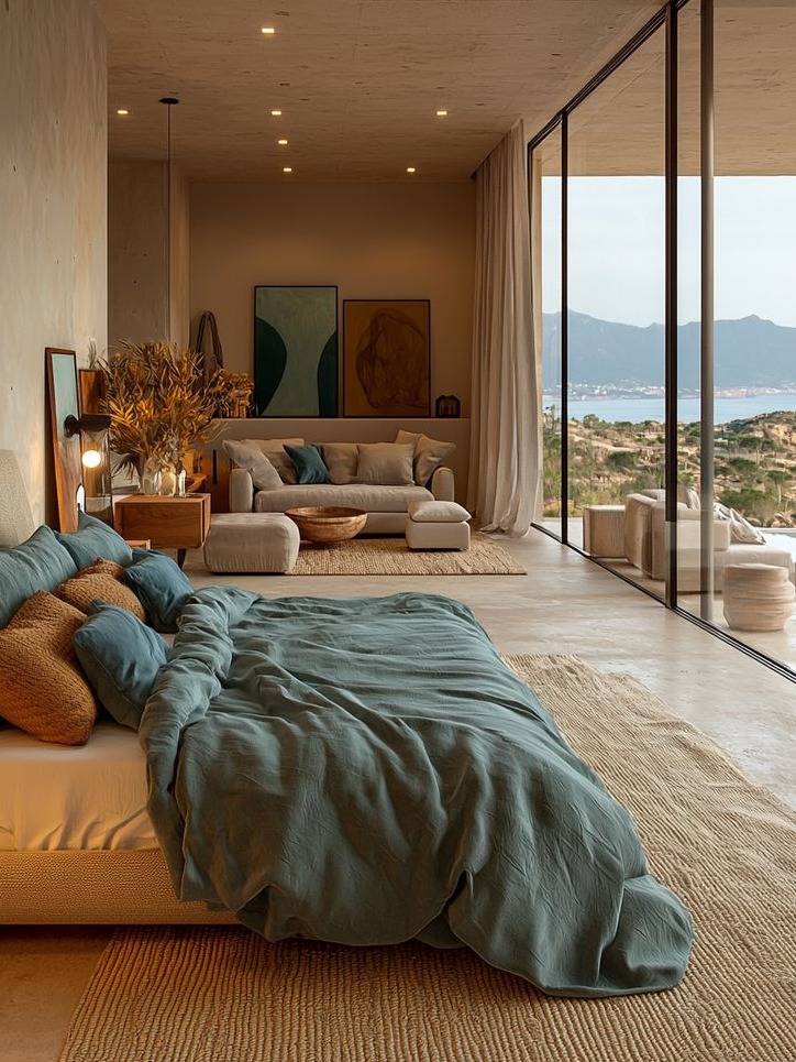 A stunning modern bedroom featuring a cozy bed dressed in soft teal linens and an array of textured pillows. The room is enhanced by warm, ambient lighting and large glass doors that open to a breathtaking view of the landscape and mountains. A stylish seating area with a plush sofa invites relaxation, while decorative elements like artwork and dried flowers add character. The minimalist decor and natural materials create a serene atmosphere, making this space a perfect sanctuary for unwinding and enjoying the beauty of nature.