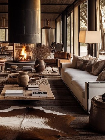 A cozy and stylish living room featuring a modern fireplace at the center, surrounded by a mix of comfortable seating and rustic decor. The space is illuminated by natural light flowing in through large glass windows, showcasing a blend of earthy tones and textures. A plush white sofa is adorned with decorative pillows, and a wooden coffee table displays various artisanal pottery and books, creating an inviting atmosphere perfect for relaxation and gatherings.