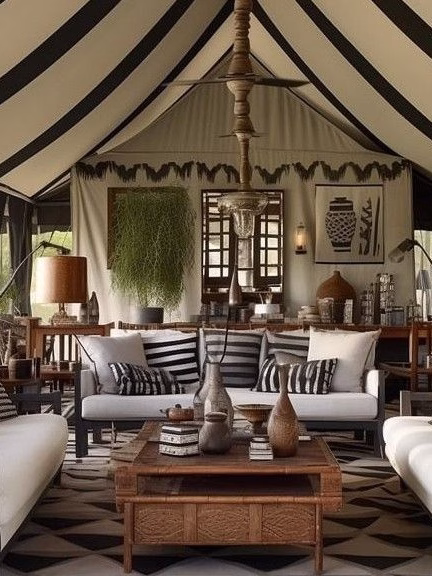A tent as accommodation for a safari lodge. East Africa is the inspiration for design elements chosen.