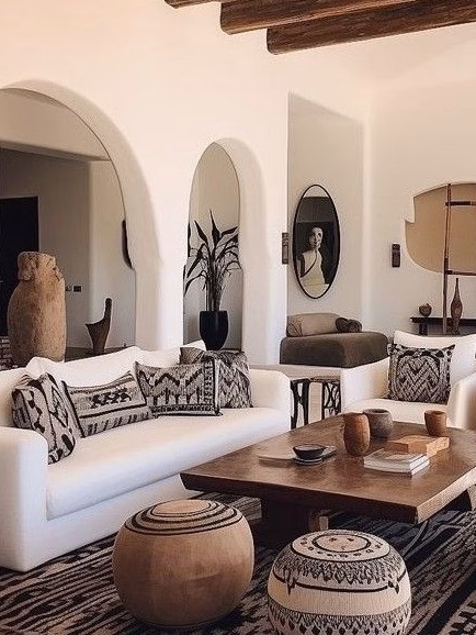 Living room white white couches and wooden accents.