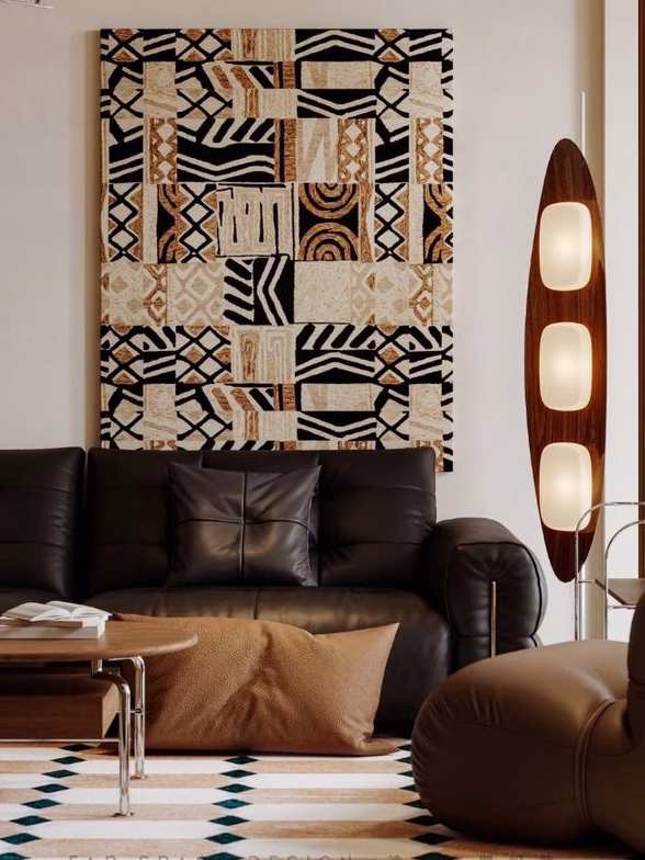 Lounge with black leather sofa and natural wooden lamp and coffee table.