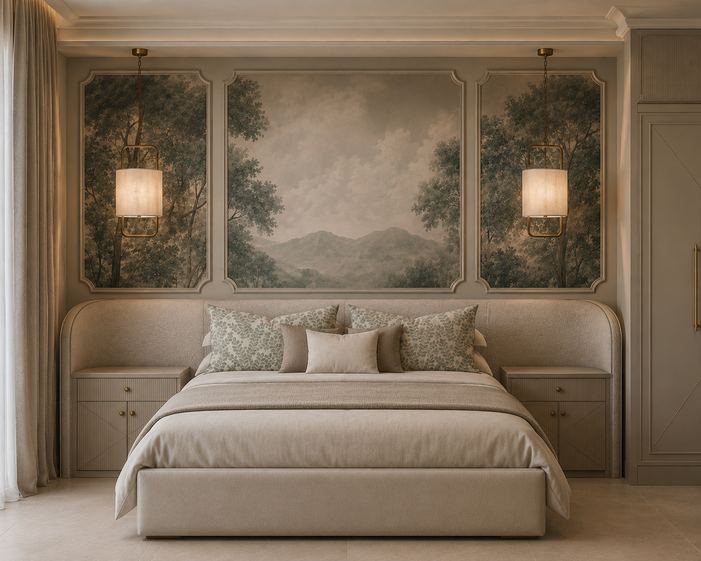 Bedroom with panelled wall coverings designed by Kirsty Badenhorst Interiors, South Africa